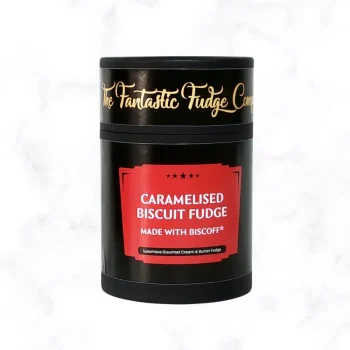 Caramelised Biscuit "Biscoff" Fudge Gift Tub on a white marble background