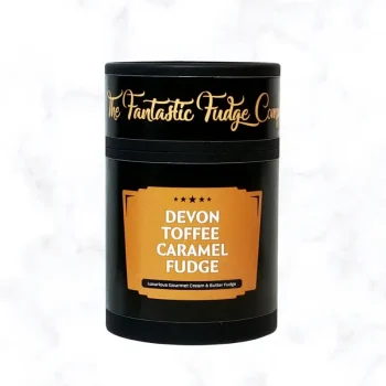 Devon Toffee Caramel Fudge Gift Tub on a white marble background