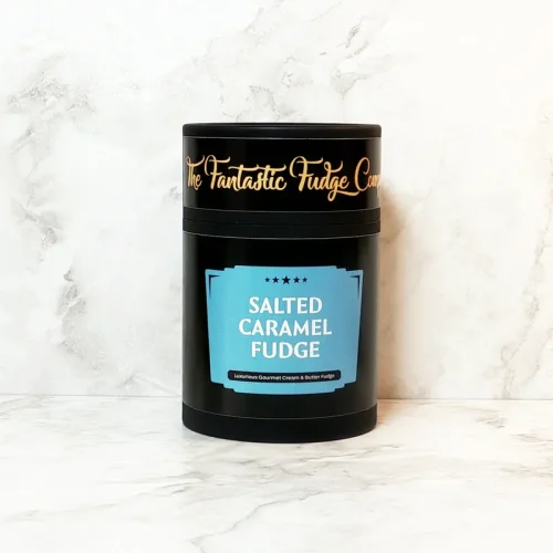 A round box of salted caramel fudge