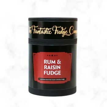 Rum & Raisin Fudge Gift Tub displayed on a white marble background