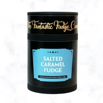 Salted Caramel Fudge Gift Tub displayed on a white marble background